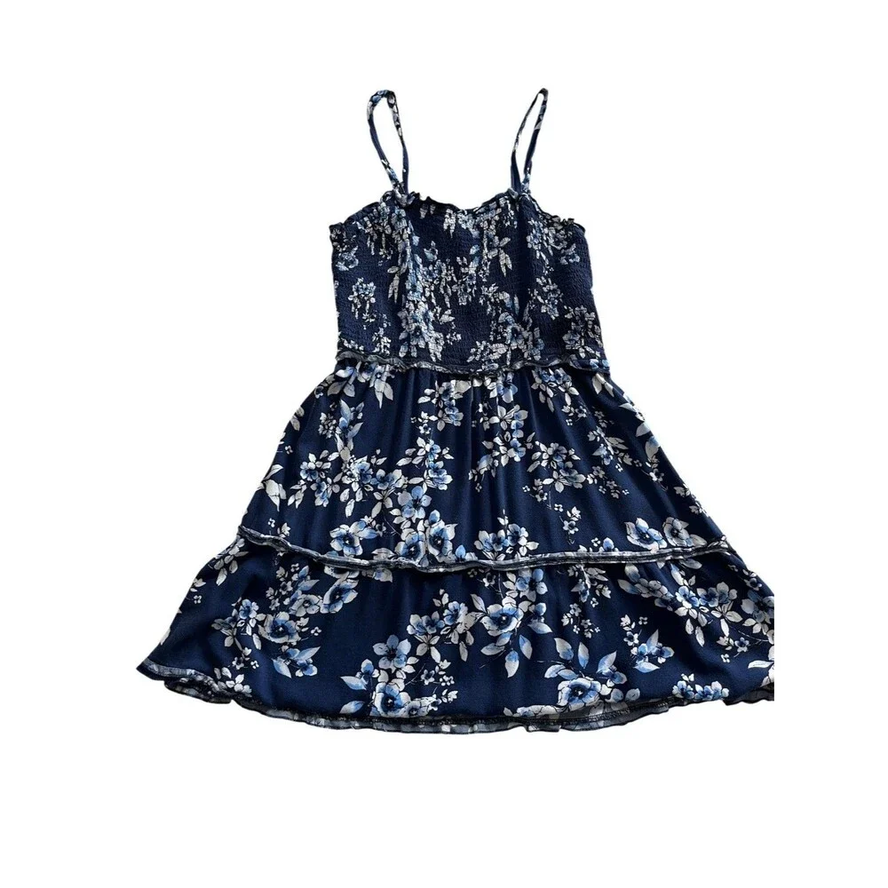 Band Of Gypsies Tiered Ruffle Mini Dress Blue Floral Large